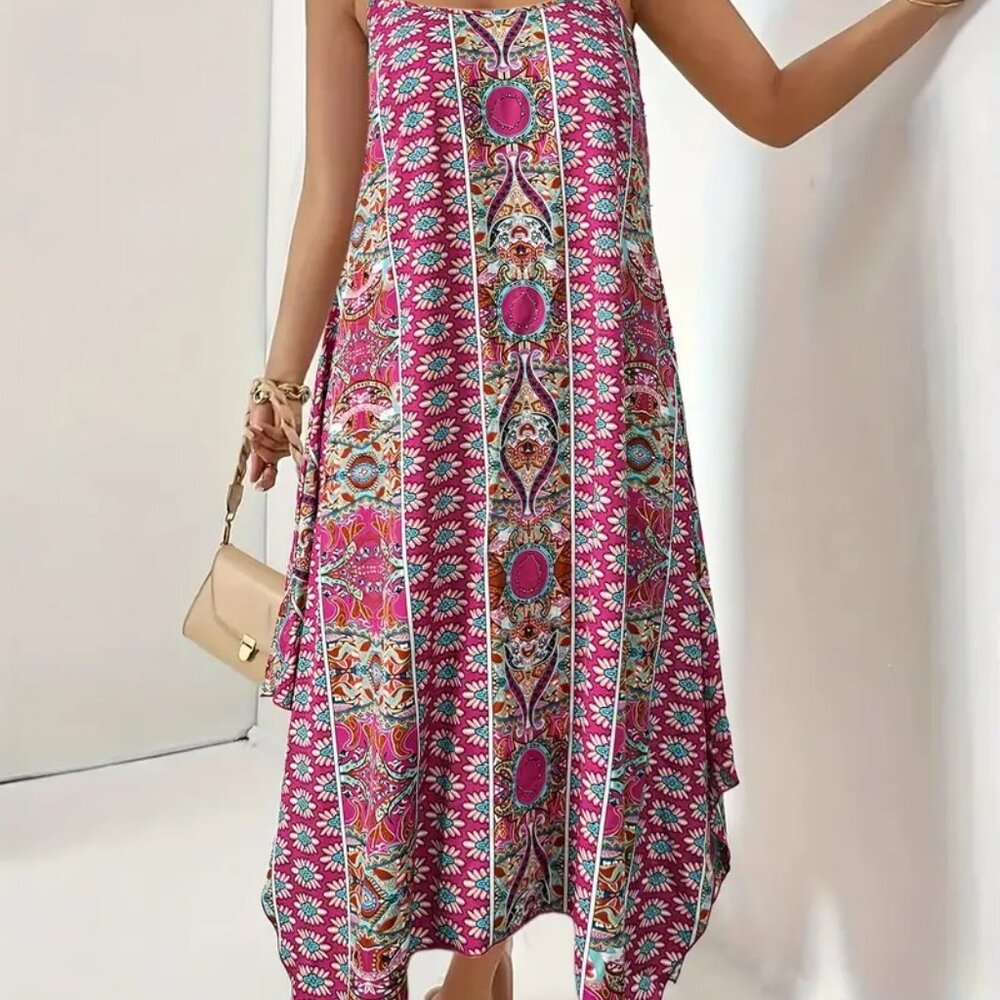 Hippie Flowy Pink Polyester Non-Sheer Asymmetrical Beachy Fringe Hem Sundress XL